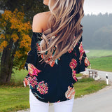 Summer Floral Print Chiffon Blouse Women Off Shoulder Front Shirt  