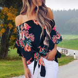 Summer Floral Print Chiffon Blouse Women Off Shoulder Front Shirt  