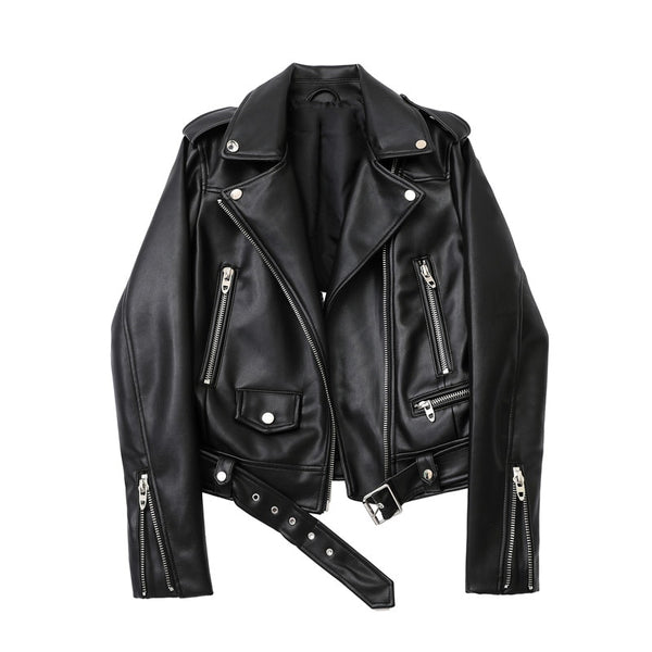 Spring and Autumn  New faux leather  jacket with belt women