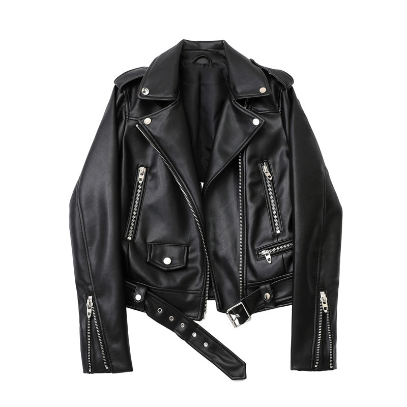 Spring and Autumn  New faux leather  jacket with belt women