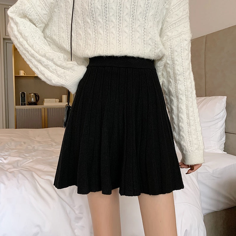 Pleated Skirts Women Solid Autumn High Waist Skirt