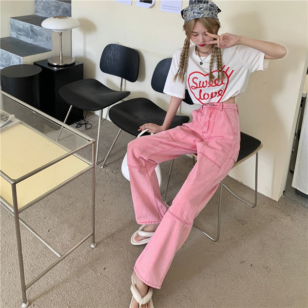 Women&  Jeans High Waist New 2022 Summer Pink  Wide Leg Trouser Casual Pants