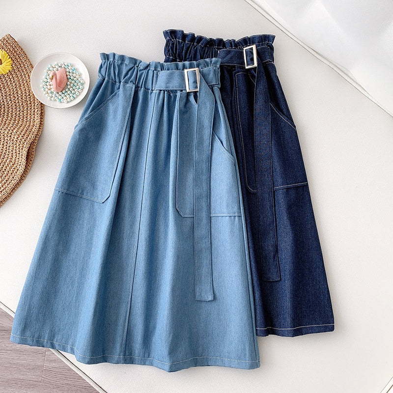 Denim Skirt Women High Waist Midi Jean Skirt 