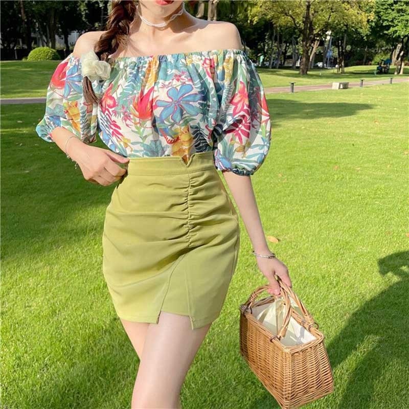 A-line Skirts Womens Gathered Ruched Split Sexy Mini Skirt Korean Style Wrap High Waist Summer Solid Color Short Skirt Female