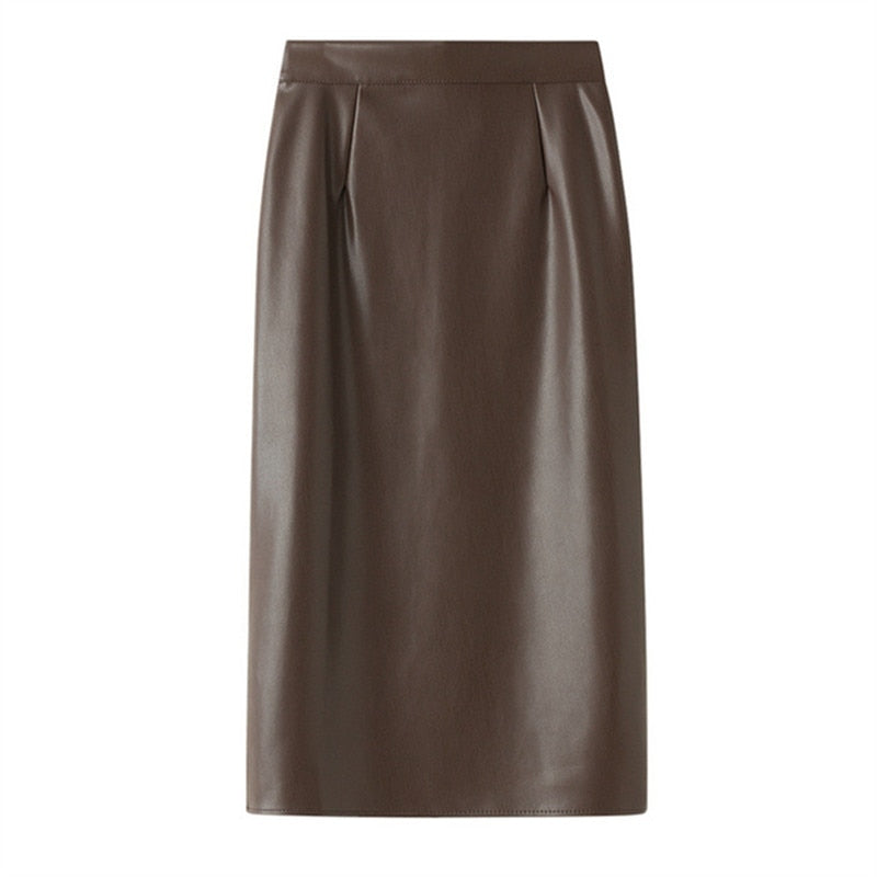  Leather Midi Skirts Pencil Office Ladies High Waist Faux Skirt