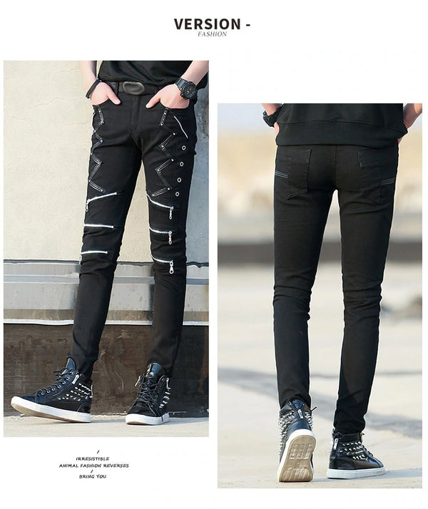 MENS SLIM FIT PANTS PUNK STYLE BLACK PATCHWORK LEATHER ZIPPERS  GOTHIC  TROUSERS