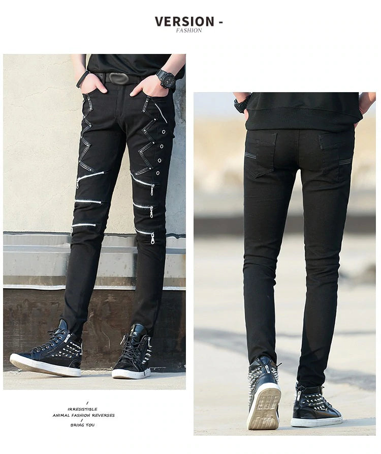 MENS SLIM FIT PANTS PUNK STYLE BLACK PATCHWORK LEATHER ZIPPERS  GOTHIC  TROUSERS