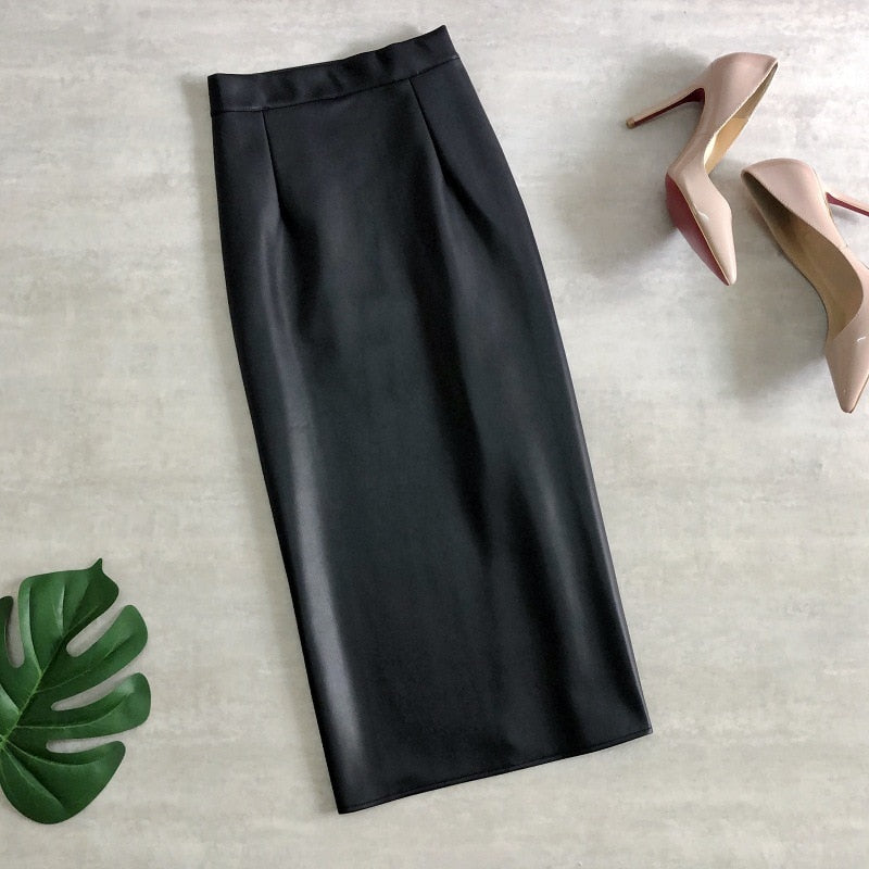  Leather Midi Skirts Pencil Office Ladies High Waist Faux Skirt