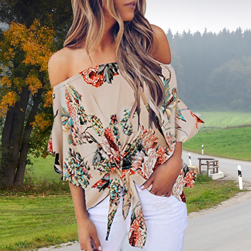 Summer Floral Print Chiffon Blouse Women Off Shoulder Front Shirt  