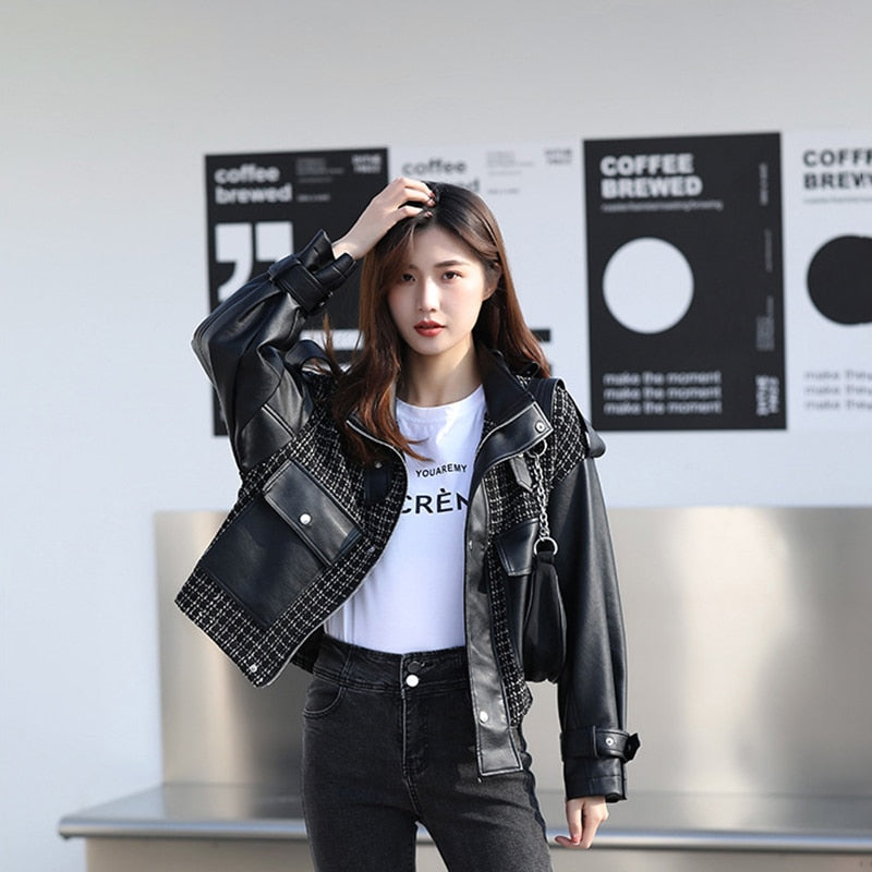 Korean Style Jacket Girls Spring Autumn  Faux Leather Black Coat