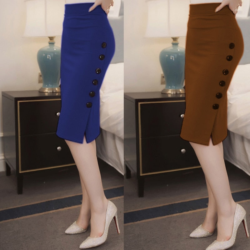  High Waist Ladies Skirt Side Split Button 