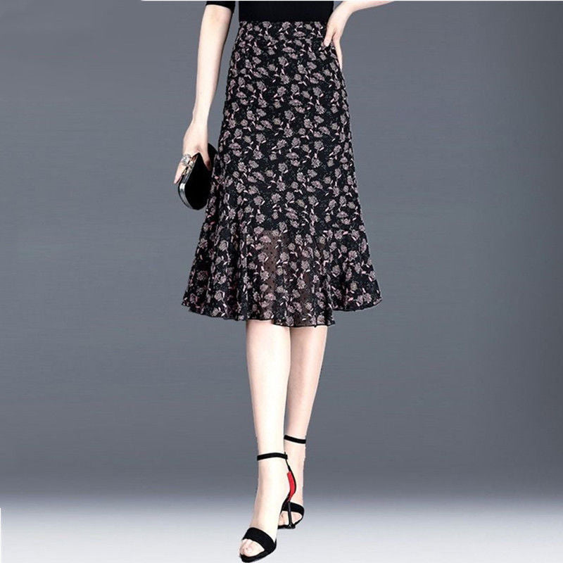 Chiffon Floral Skirt  Summer High Waist  A- line Skirt Woman Skirts