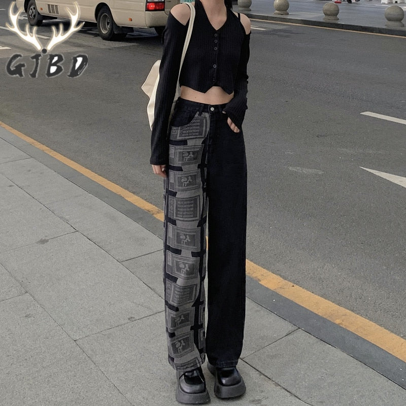 Printing Korean Fashion Denim Trouser Wide Leg Pants