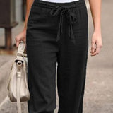 Woman Pants Elastic Waist Solid Color Trousers Thin Straight Wide Leg Belt Long Pants