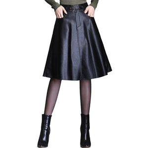 Leather Skirt Black High Waist Long Midi Skirts