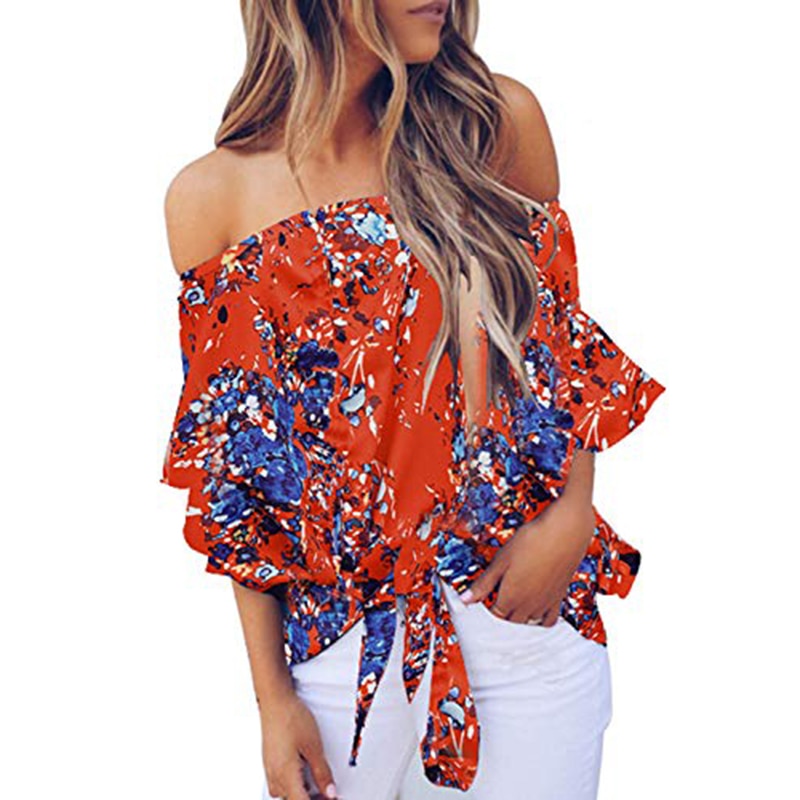 Summer Floral Print Chiffon Blouse Women Off Shoulder Front Shirt  