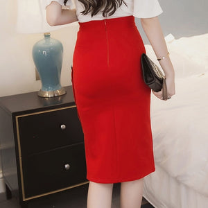  High Waist Ladies Skirt Side Split Button 