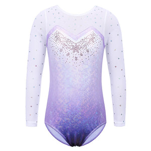 Long Sleeve Mesh Patchwork Leotards for Girls Toddler Kids Diamond Gymnastics Jumpsuit