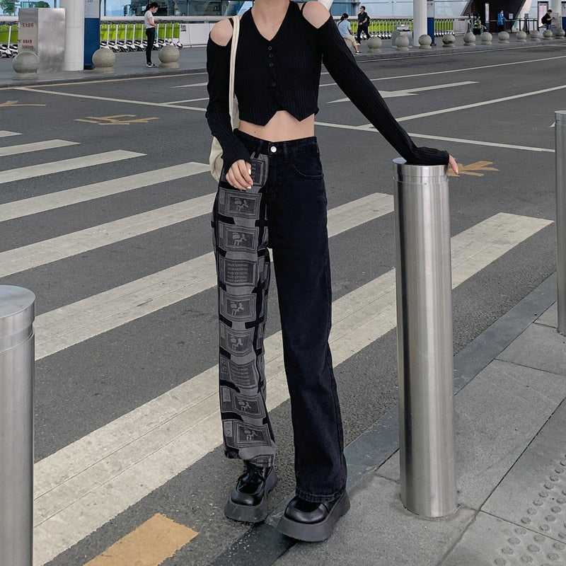 Printing Korean Fashion Denim Trouser Wide Leg Pants