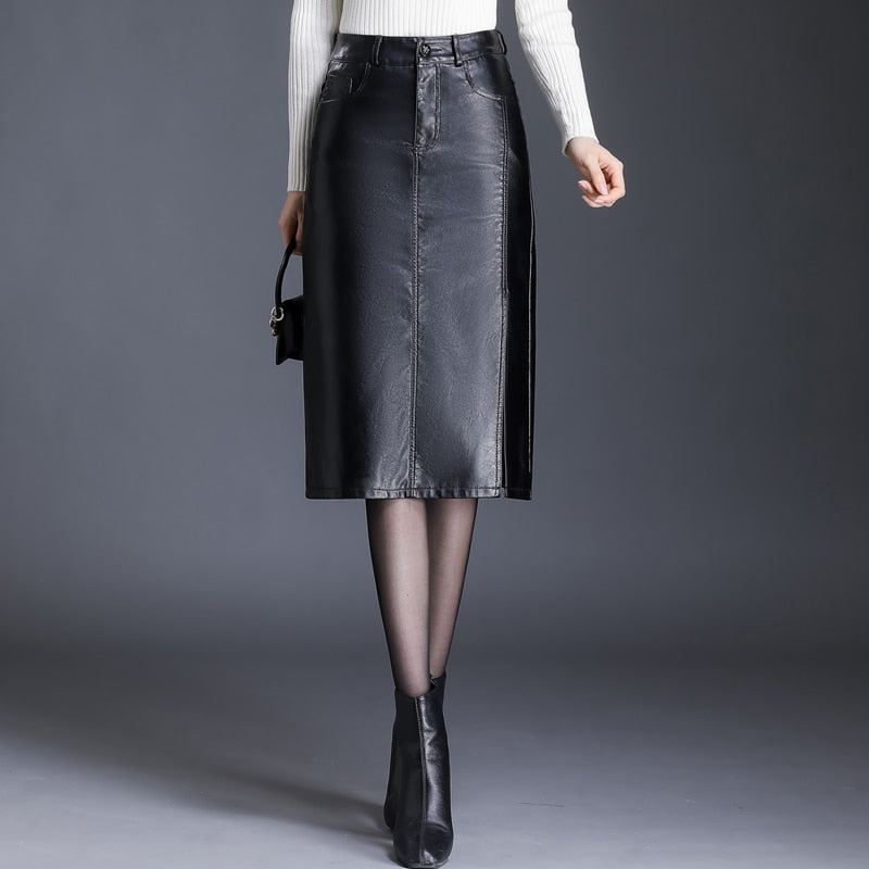 Women Leather Skirt  Autumn Winter  Lady High Waist  Wrap Hip Skirt 