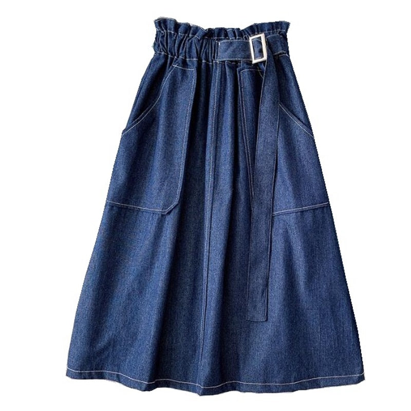 Denim Skirt Women High Waist Midi Jean Skirt 