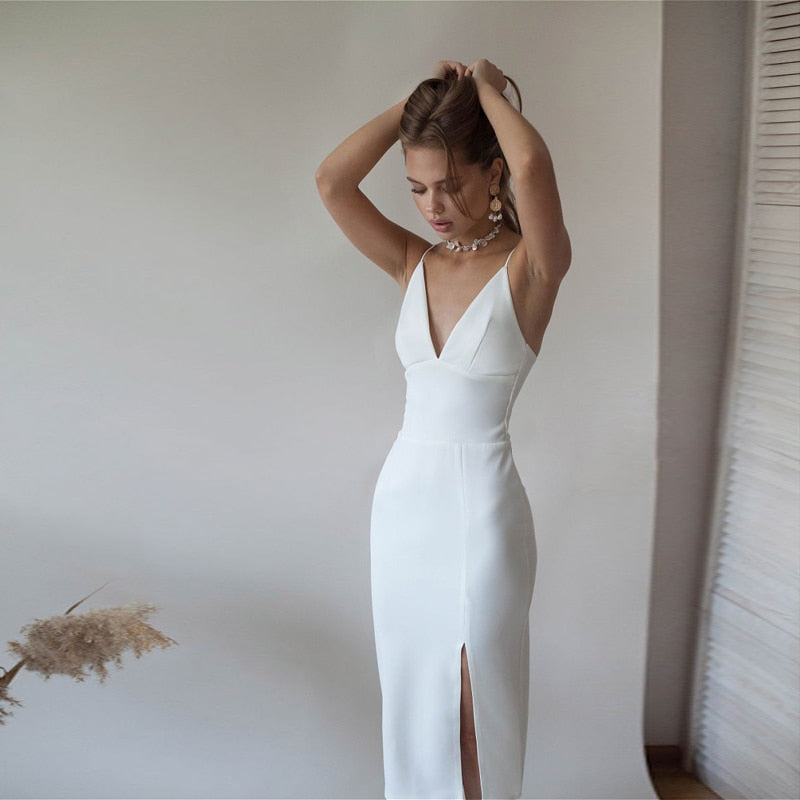  V-Neck White Backless Dresses