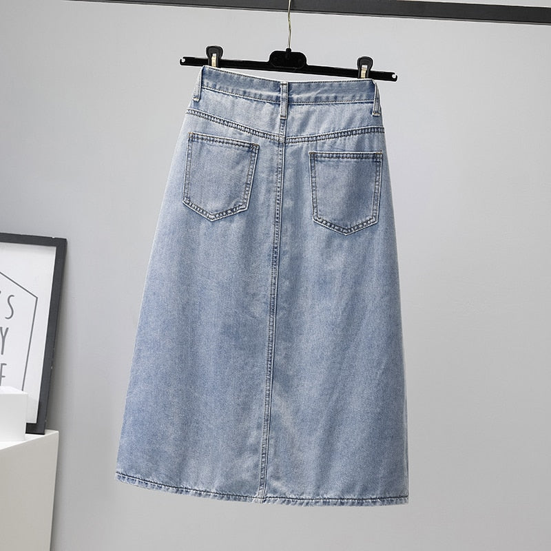 Loose Denim skirt women summer Medium Long Split High waist Jeans 