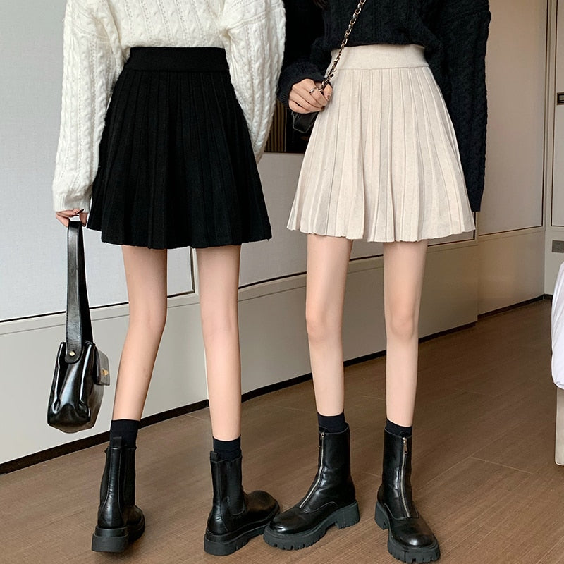 Pleated Skirts Women Solid Autumn High Waist Skirt