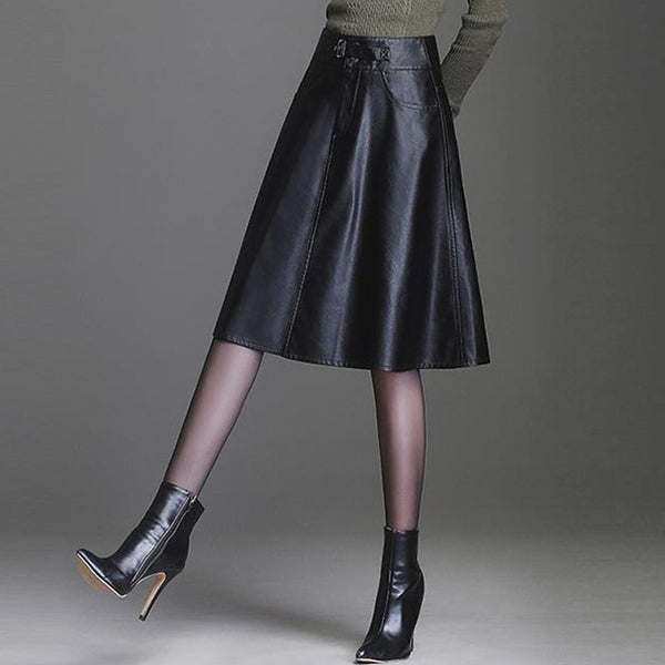 Leather Skirt Black High Waist Long Midi Skirts