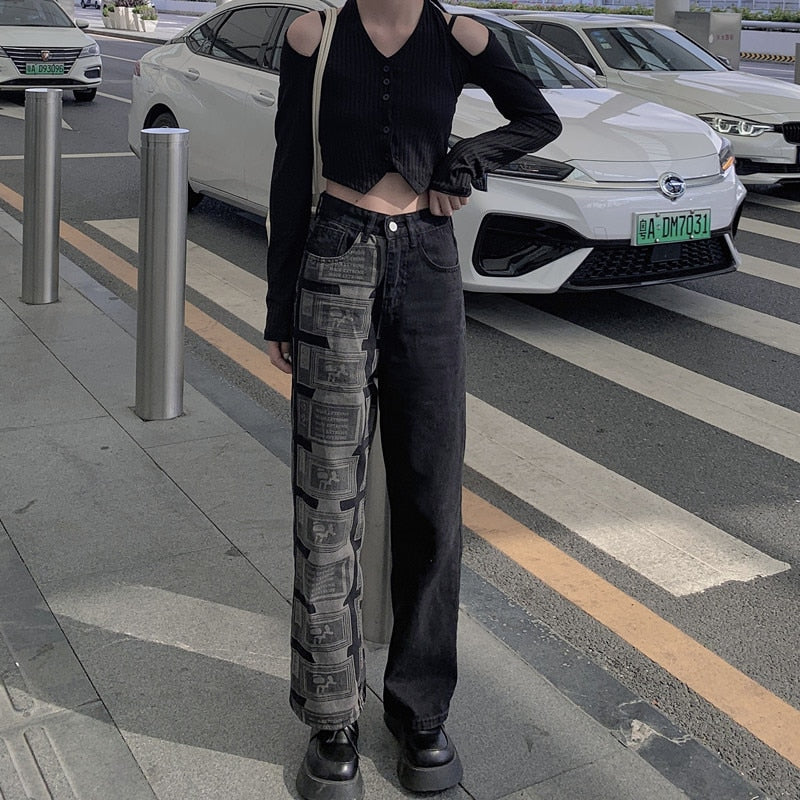 Printing Korean Fashion Denim Trouser Wide Leg Pants