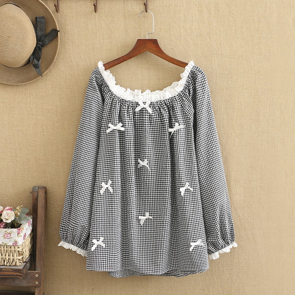 Women Pure Cotton Checkered Pattern Round Collar Long Sleeves 