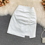 A-line Skirts Womens Gathered Ruched Split Sexy Mini Skirt Korean Style Wrap High Waist Summer Solid Color Short Skirt Female