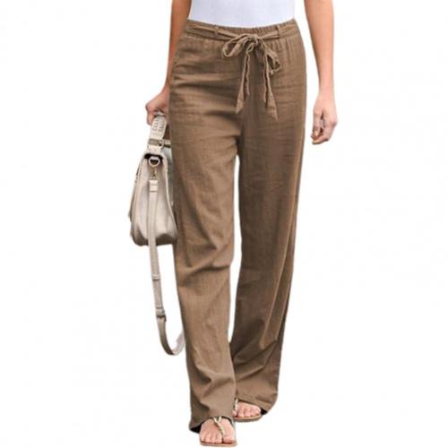 Woman Pants Elastic Waist Solid Color Trousers Thin Straight Wide Leg Belt Long Pants