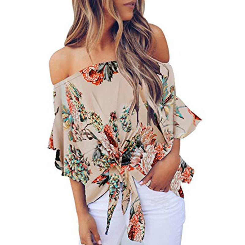 Summer Floral Print Chiffon Blouse Women Off Shoulder Front Shirt  