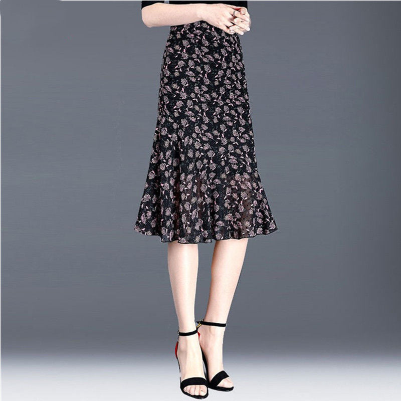 Chiffon Floral Skirt  Summer High Waist  A- line Skirt Woman Skirts