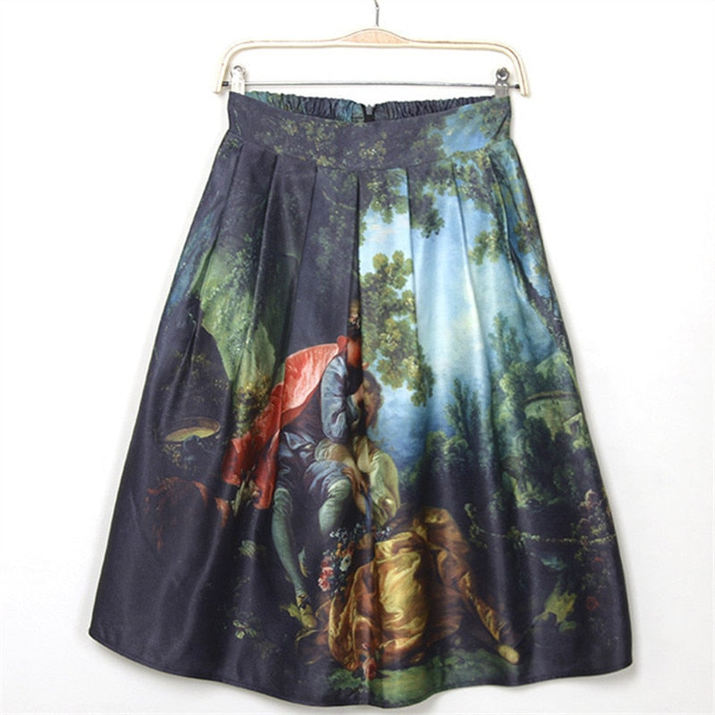  Oil Painting Print High Waist Midi Pleated Skirts Women 