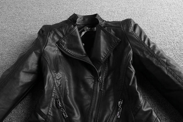 Collar Short Black Leather Coats Spring 