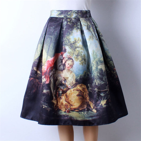  Oil Painting Print High Waist Midi Pleated Skirts Women 