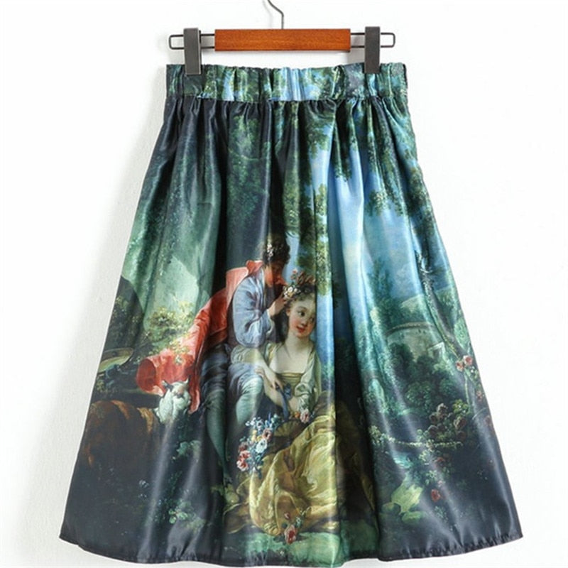  Oil Painting Print High Waist Midi Pleated Skirts Women 