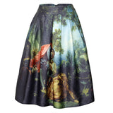  Oil Painting Print High Waist Midi Pleated Skirts Women 