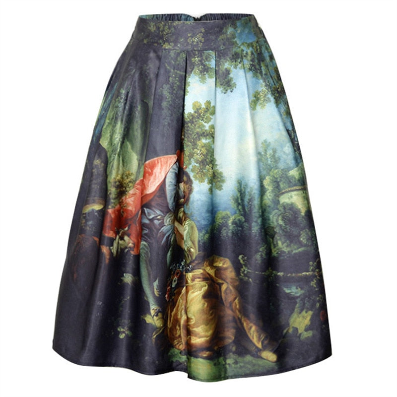  Oil Painting Print High Waist Midi Pleated Skirts Women 