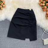 A-line Skirts Womens Gathered Ruched Split Sexy Mini Skirt Korean Style Wrap High Waist Summer 