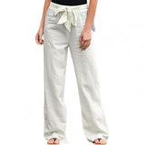 Woman Pants Elastic Waist Solid Color Trousers Thin Straight Wide Leg Belt Long Pants