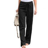 Woman Pants Elastic Waist Solid Color Trousers Thin Straight Wide Leg Belt Long Pants