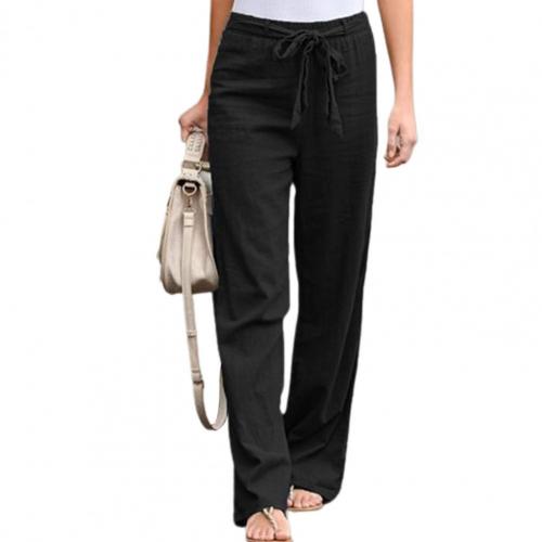 Woman Pants Elastic Waist Solid Color Trousers Thin Straight Wide Leg Belt Long Pants