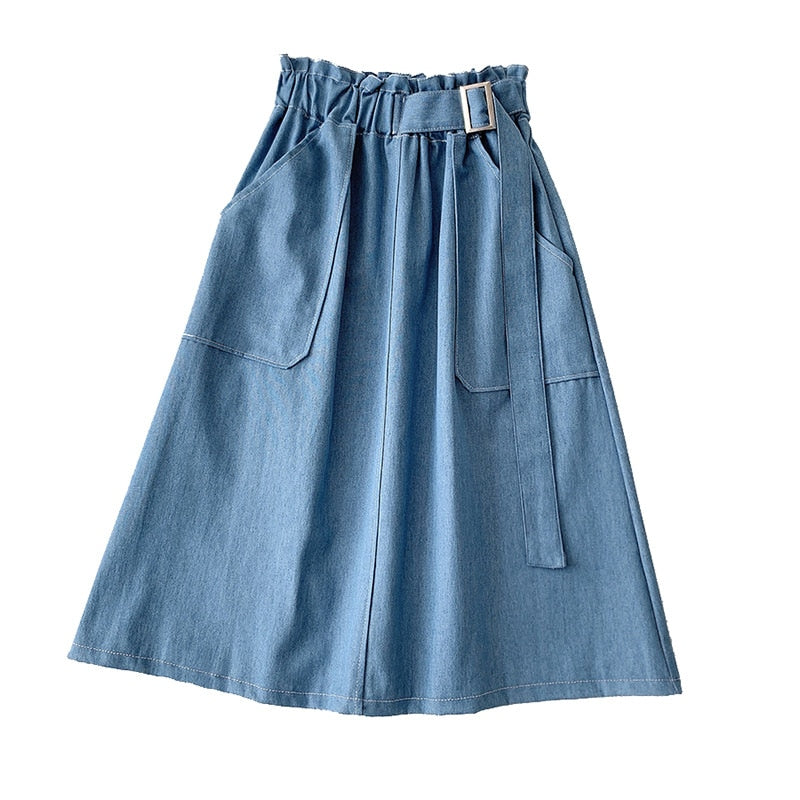 Denim Skirt Women High Waist Midi Jean Skirt 