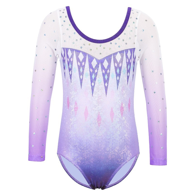 Long Sleeve Mesh Patchwork Leotards for Girls Toddler Kids Diamond Gymnastics Jumpsuit