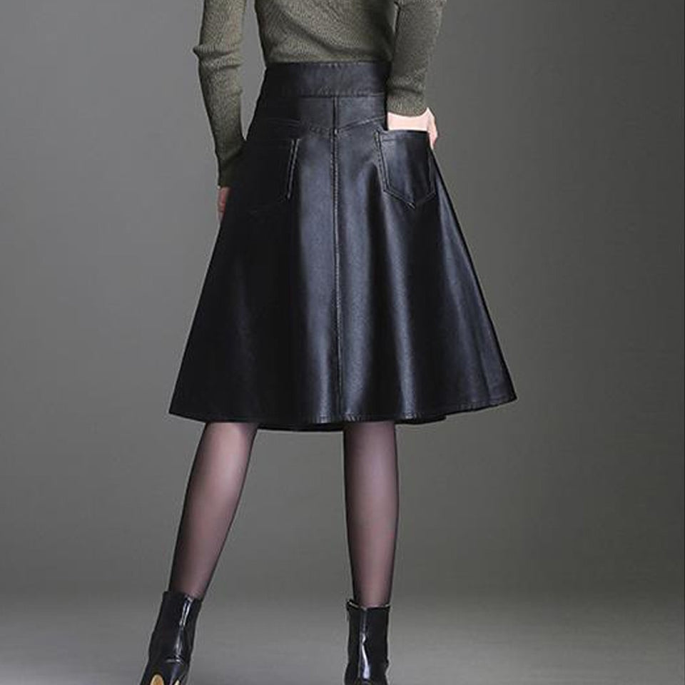 Leather Skirt Black High Waist Long Midi Skirts