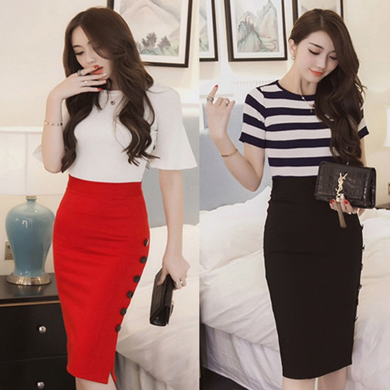  High Waist Ladies Skirt Side Split Button 