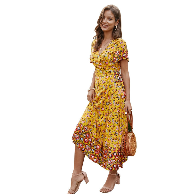 nsendm Womens Summer Seaxy Mini Dress V Neck Cami Top Floral Print Tied  Detail Dress Long Sleeve Maxi Dresses Dress Yellow X-Large 